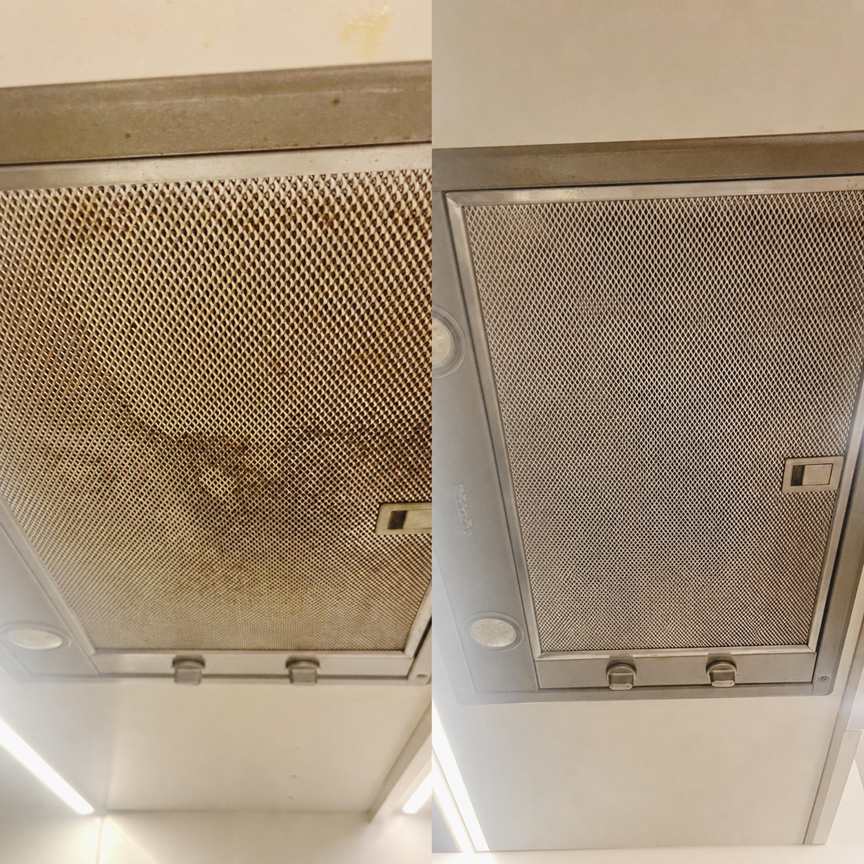 Kitchen exhaust fan before and after OMAKASE degreasing